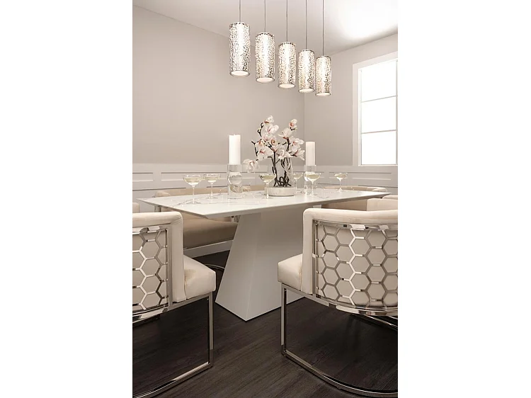 Moray Five Light Pendant Chrome - Laser-cut Stainless Steel, Frosted Glass, E14 LEDs
