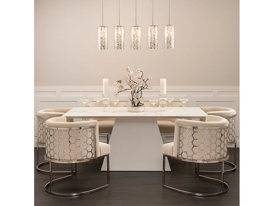 Moray Five Light Pendant Chrome - Laser-cut Stainless Steel, Frosted Glass, E14 LEDs