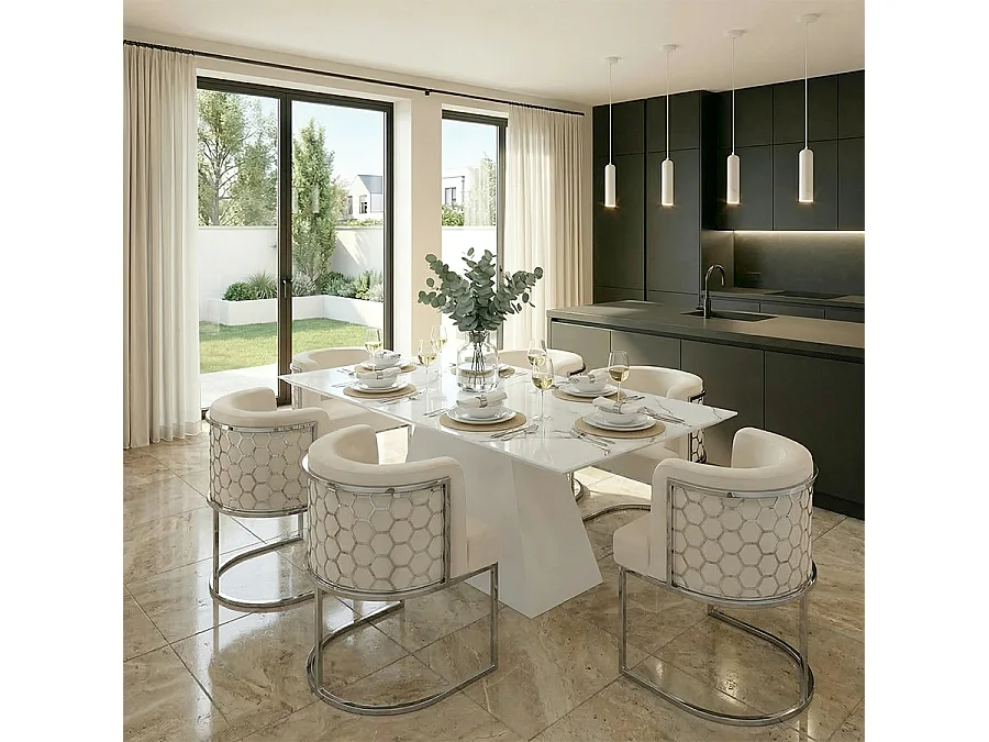 Loretta Extendable Marble-Effect Table with 6 Alveare Silver Chairs - Chalk
