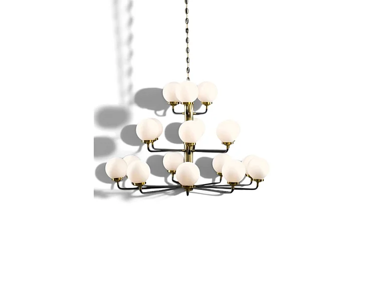 Brompton Chandelier, 18-Light Brass and Matt Black, Frosted Glass Shades