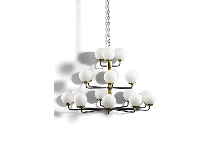Brompton Chandelier, 18-Light Brass and Matt Black, Frosted Glass Shades