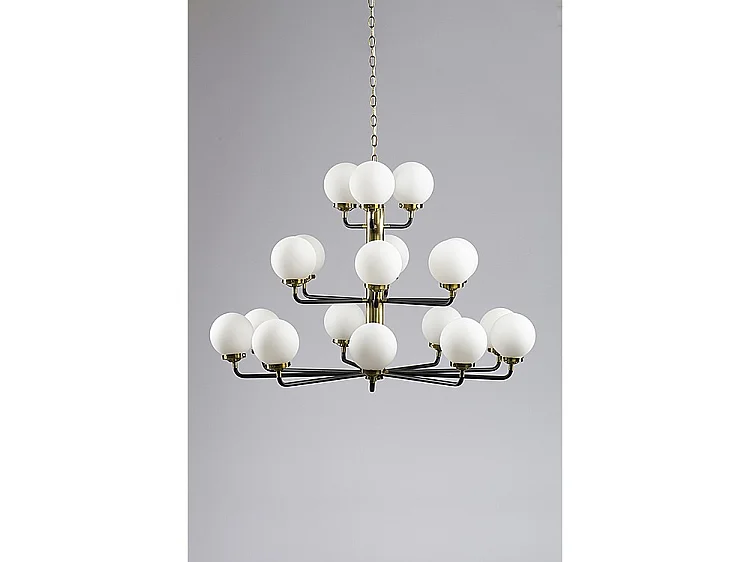 Brompton Chandelier, 18-Light Brass and Matt Black, Frosted Glass Shades