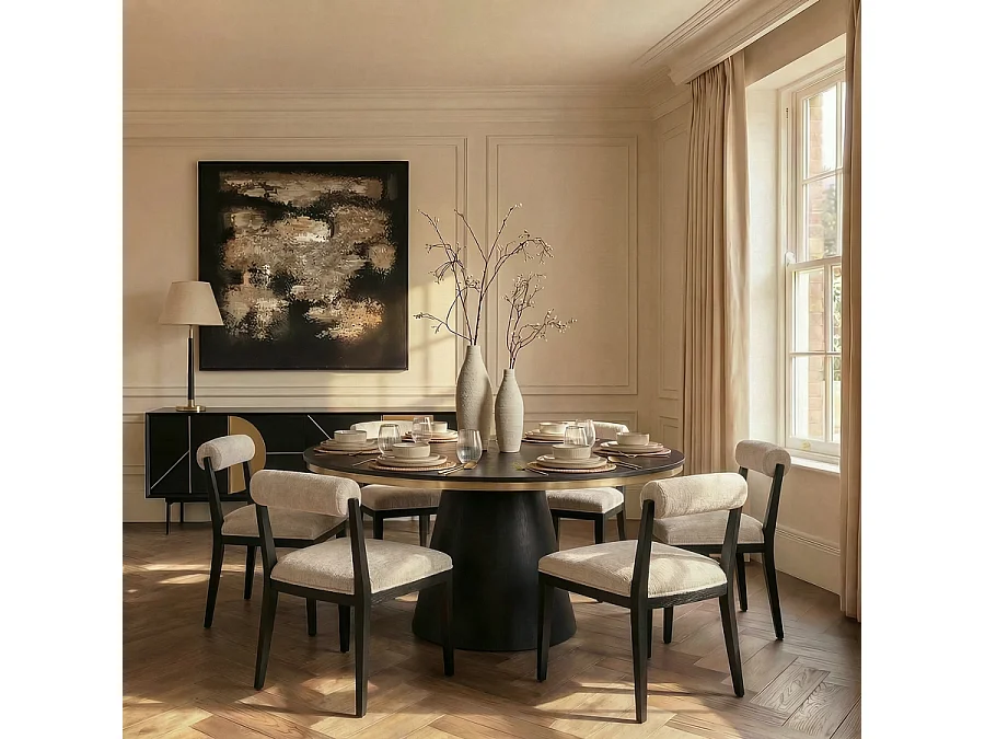 Brewster round black dining table with brushed brass ring and 6 Hera chenille dining chairs