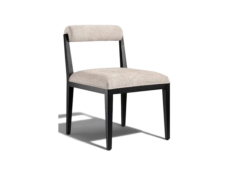 Brewster round black dining table with brushed brass ring and 6 Hera chenille dining chairs