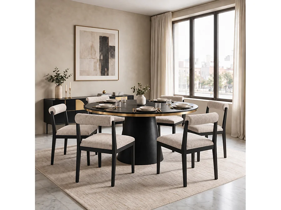 Brewster round black dining table with brushed brass ring and 6 Hera chenille dining chairs