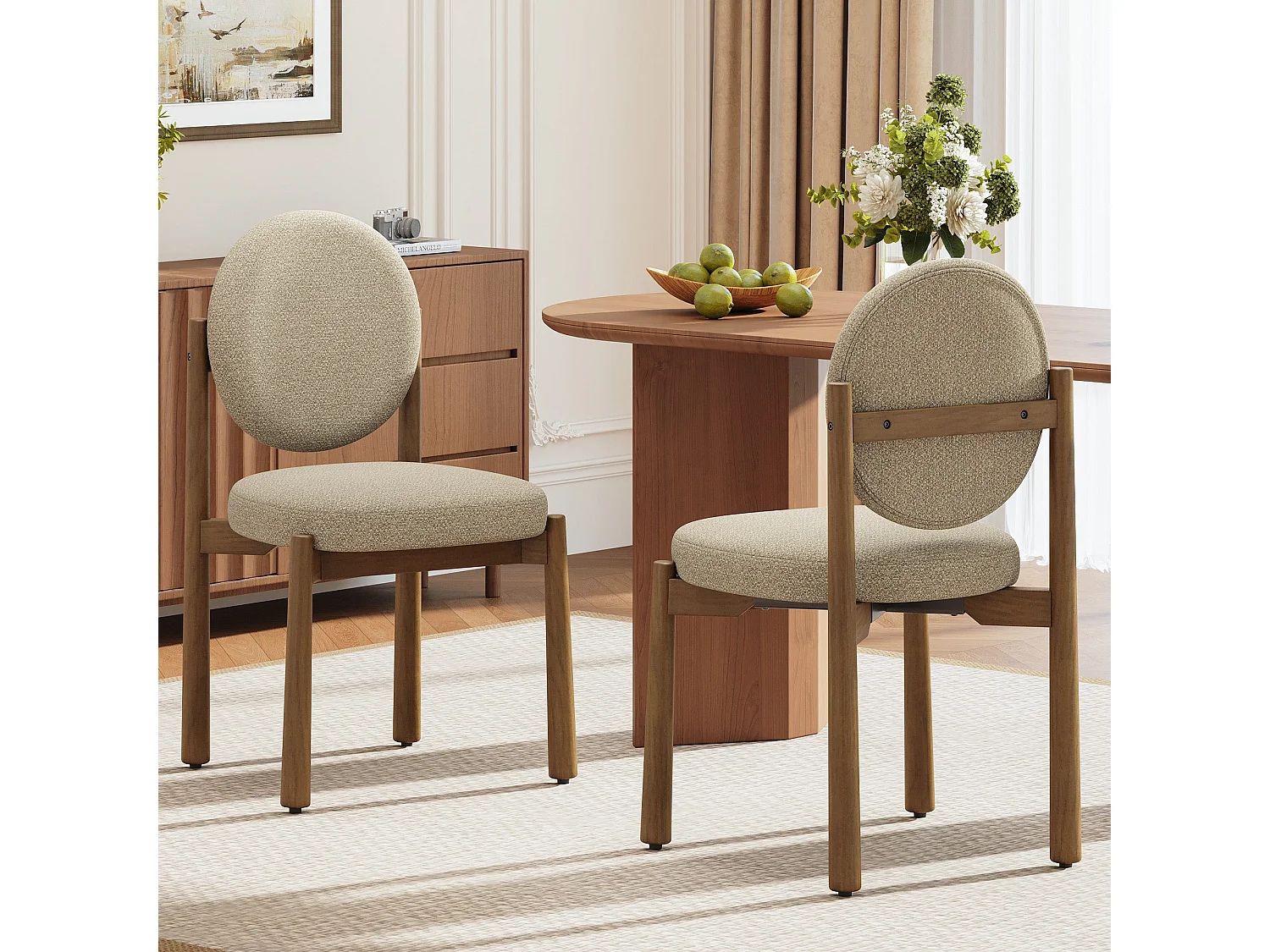Lot de 2 Chaises de Salle à Manger Design Moderne, Dossier Rond Confortable, Assise Épaisse Rembourrée, Pieds en Bois Robustes, Structure Stable, Kaki