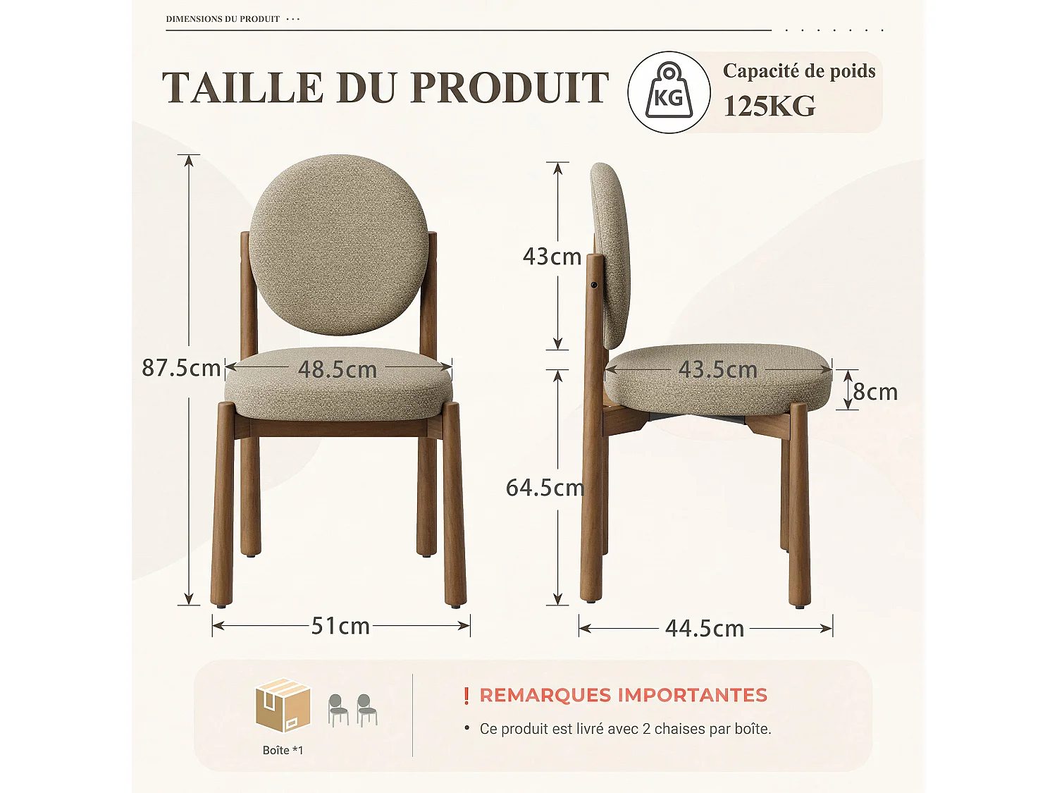 Lot de 2 Chaises de Salle à Manger Design Moderne, Dossier Rond Confortable, Assise Épaisse Rembourrée, Pieds en Bois Robustes, Structure Stable, Kaki