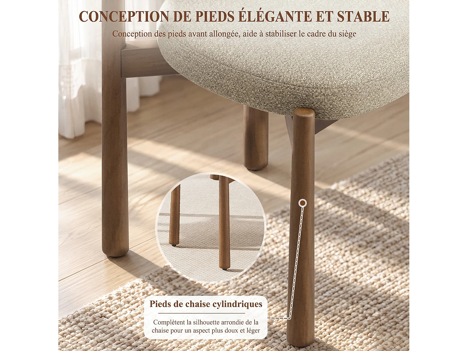 Lot de 2 Chaises de Salle à Manger Design Moderne, Dossier Rond Confortable, Assise Épaisse Rembourrée, Pieds en Bois Robustes, Structure Stable, Kaki