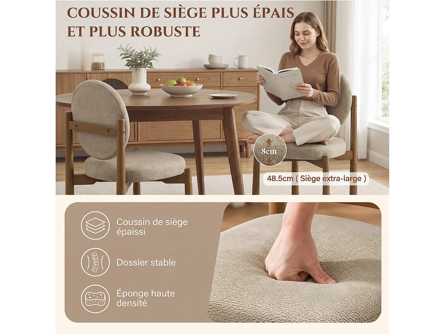 Lot de 2 Chaises de Salle à Manger Design Moderne, Dossier Rond Confortable, Assise Épaisse Rembourrée, Pieds en Bois Robustes, Structure Stable, Kaki