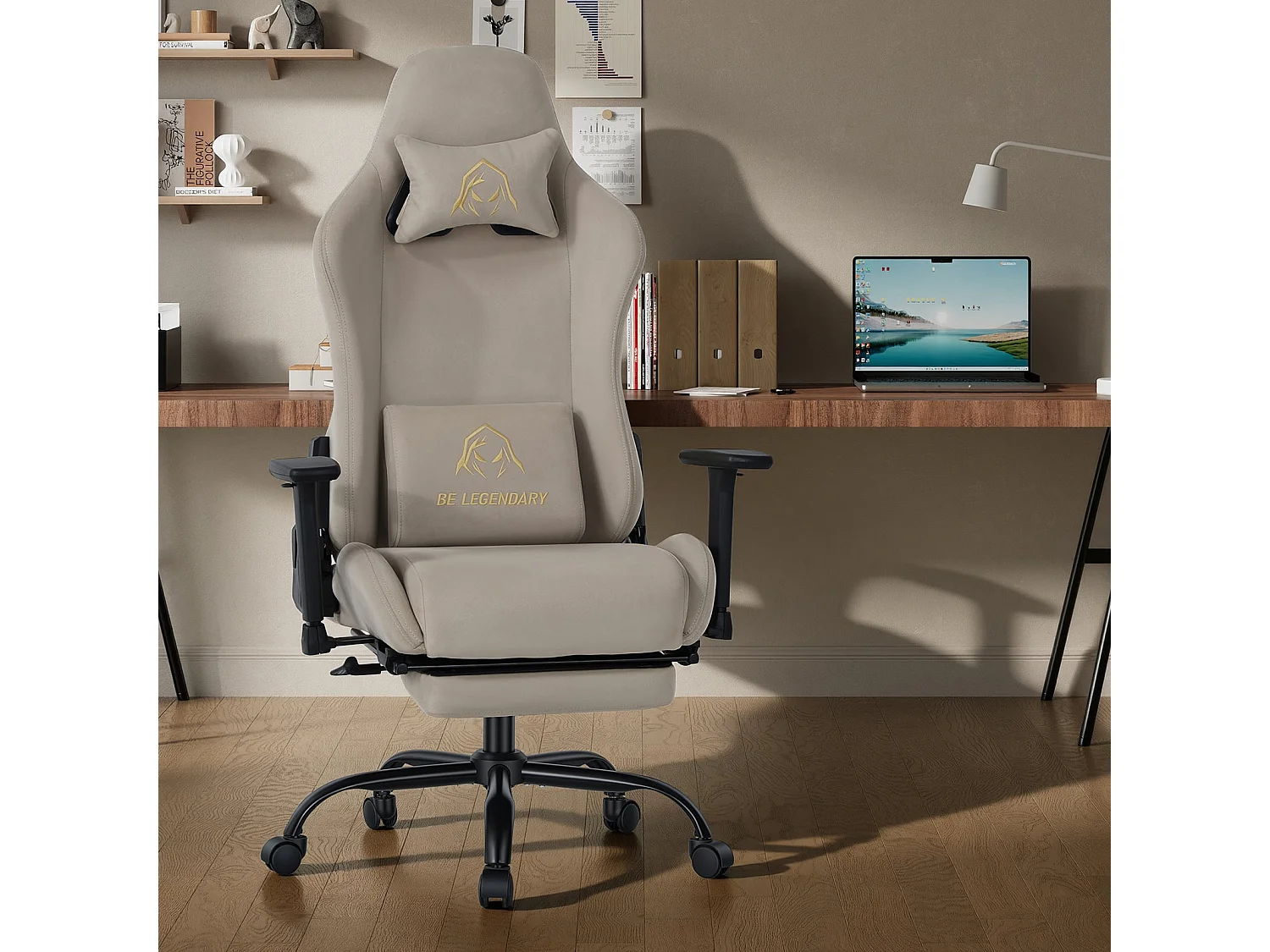 Cadeira Gaming Ergonómica, Apoio para os Pés, Apoios de Braço 4D, Encosto Reclinável 90°-135°, Assento com Molas Ensacadas, Carga Máx. 136 kg, Castanho