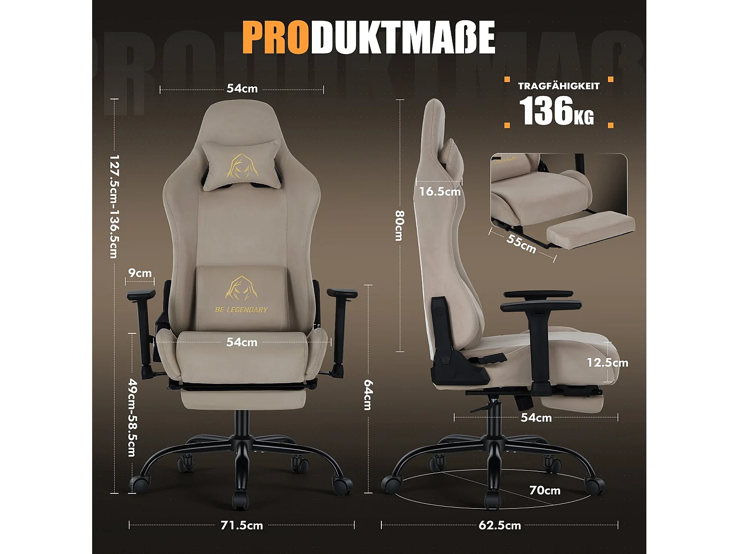 Cadeira Gaming Ergonómica, Apoio para os Pés, Apoios de Braço 4D, Encosto Reclinável 90°-135°, Assento com Molas Ensacadas, Carga Máx. 136 kg, Castanho