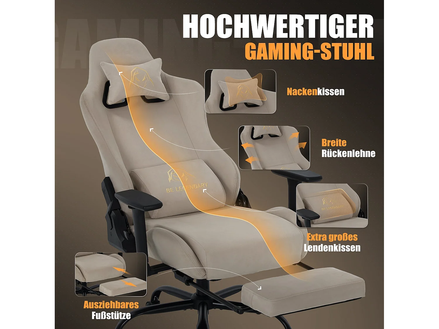 Cadeira Gaming Ergonómica, Apoio para os Pés, Apoios de Braço 4D, Encosto Reclinável 90°-135°, Assento com Molas Ensacadas, Carga Máx. 136 kg, Castanho
