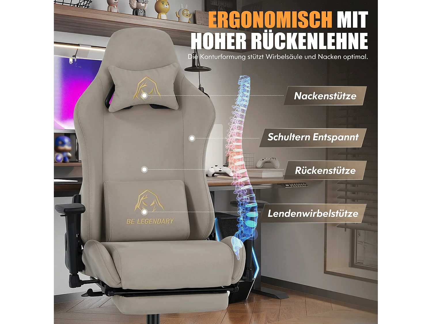 Cadeira Gaming Ergonómica, Apoio para os Pés, Apoios de Braço 4D, Encosto Reclinável 90°-135°, Assento com Molas Ensacadas, Carga Máx. 136 kg, Castanho