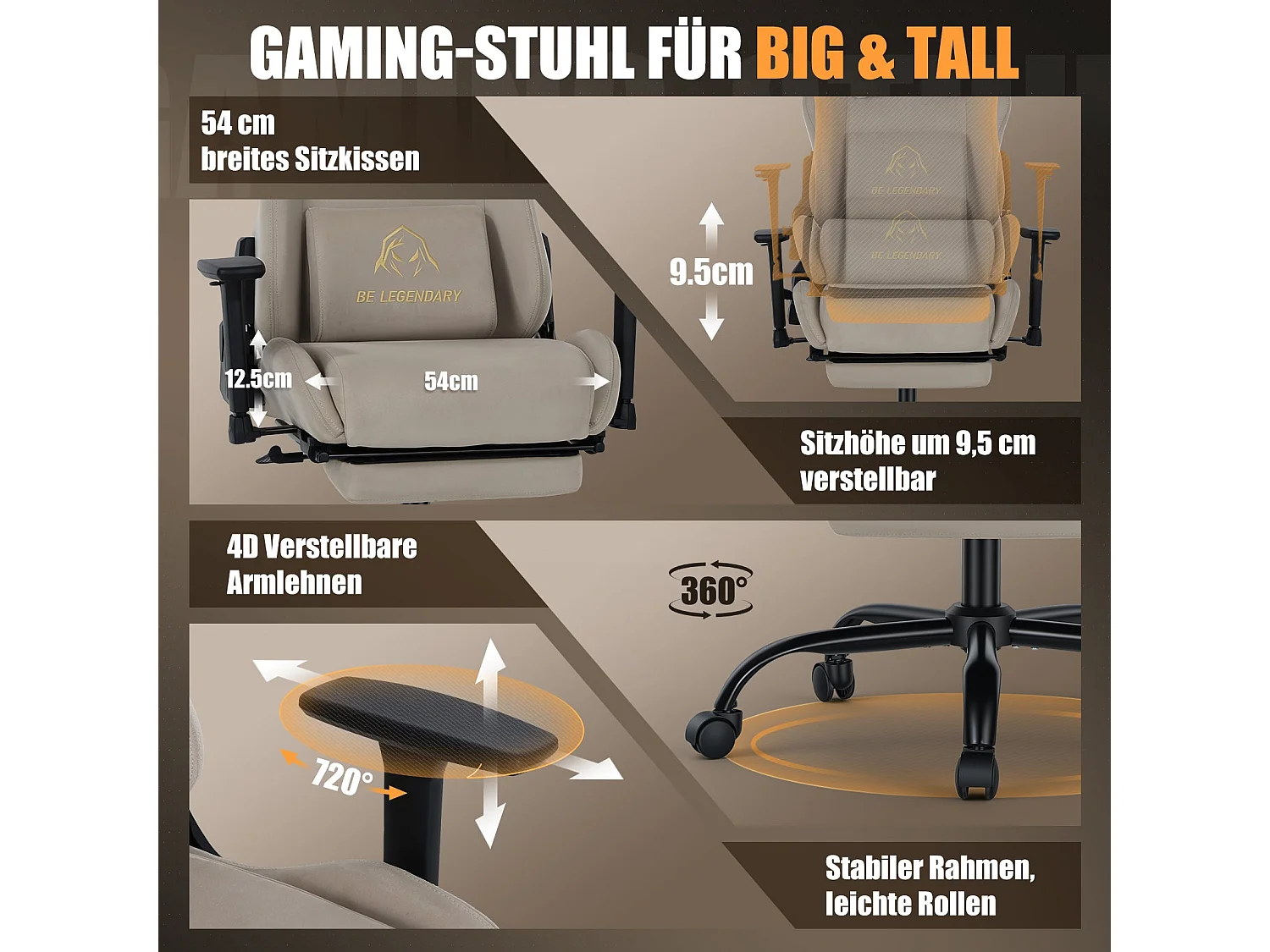 Cadeira Gaming Ergonómica, Apoio para os Pés, Apoios de Braço 4D, Encosto Reclinável 90°-135°, Assento com Molas Ensacadas, Carga Máx. 136 kg, Castanho