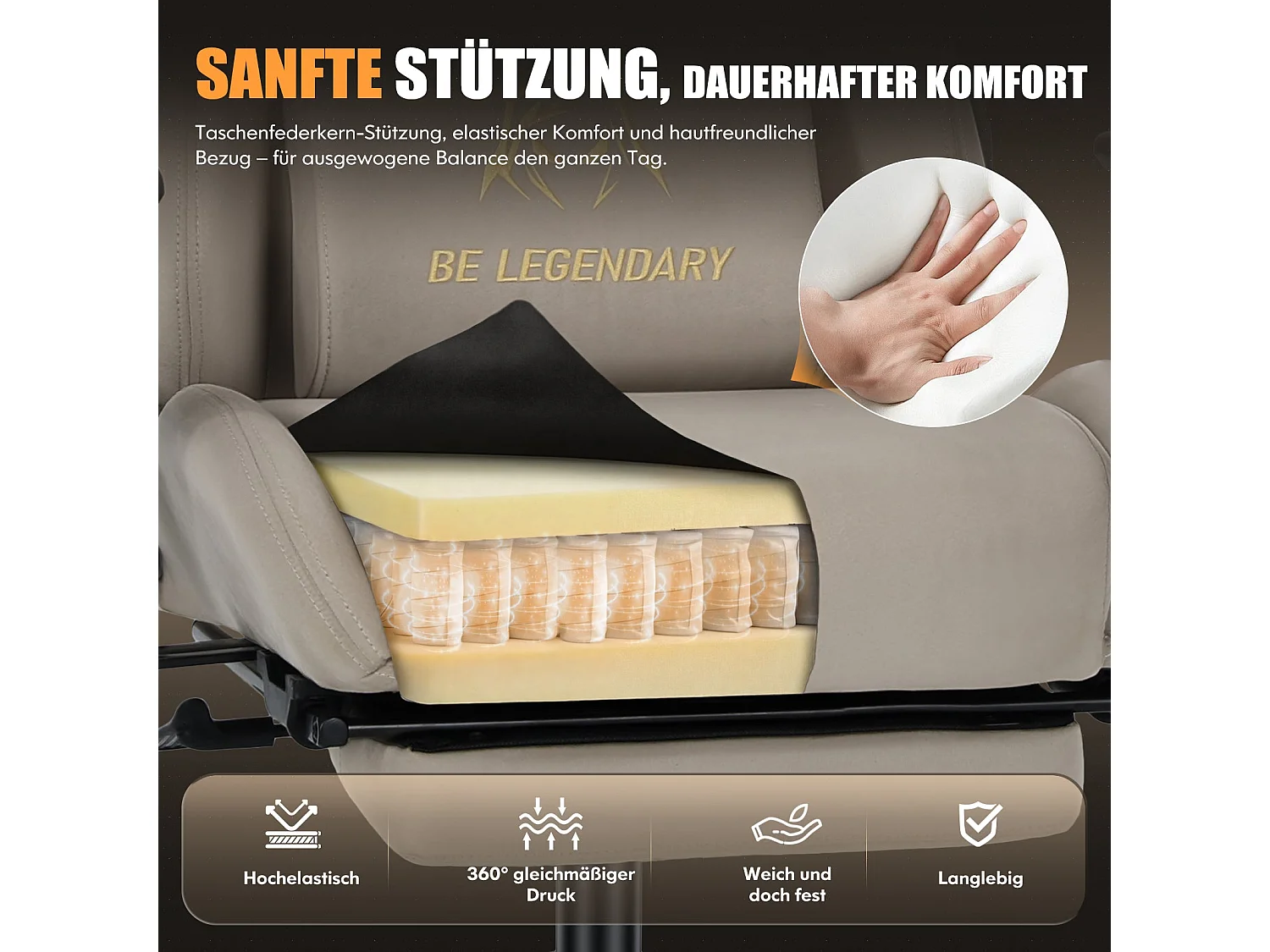 Cadeira Gaming Ergonómica, Apoio para os Pés, Apoios de Braço 4D, Encosto Reclinável 90°-135°, Assento com Molas Ensacadas, Carga Máx. 136 kg, Castanho