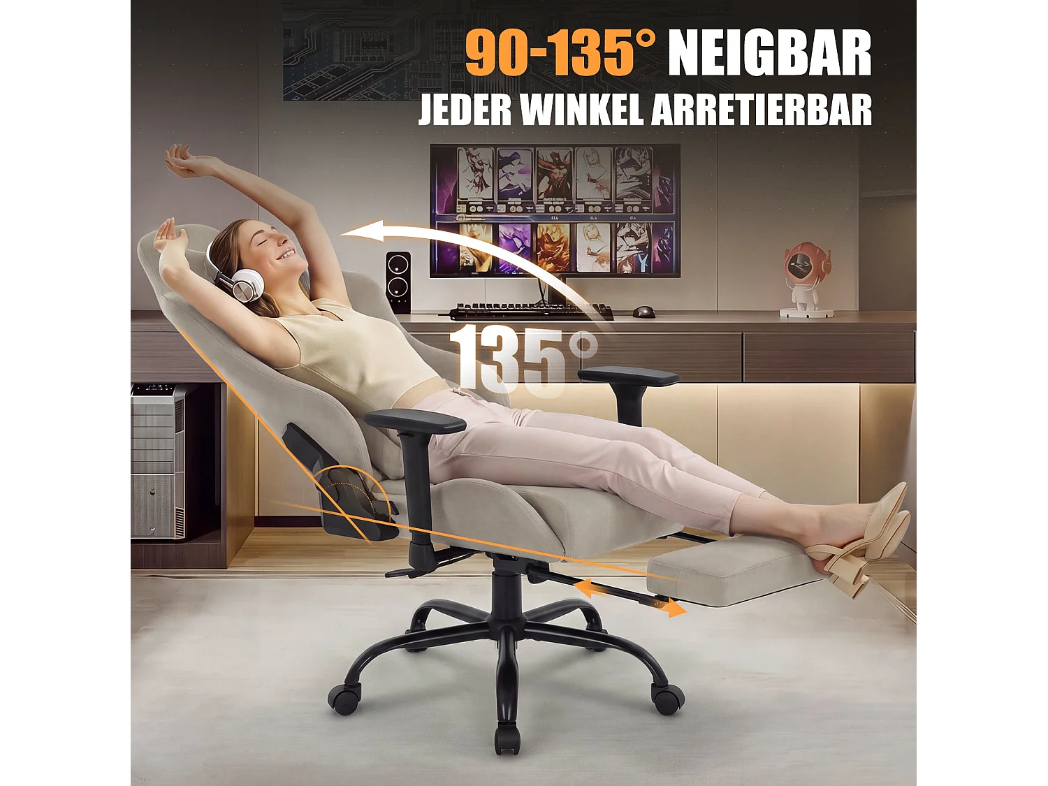 Cadeira Gaming Ergonómica, Apoio para os Pés, Apoios de Braço 4D, Encosto Reclinável 90°-135°, Assento com Molas Ensacadas, Carga Máx. 136 kg, Castanho