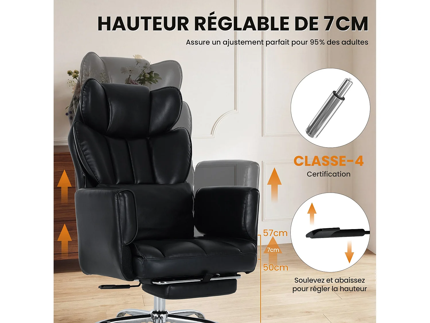 Chaise de Bureau Ergonomique 180 kg, Dossier Inclinable 127°, Repose-Pieds, Accoudoirs Réglables, Assise Rembourrée - Noir