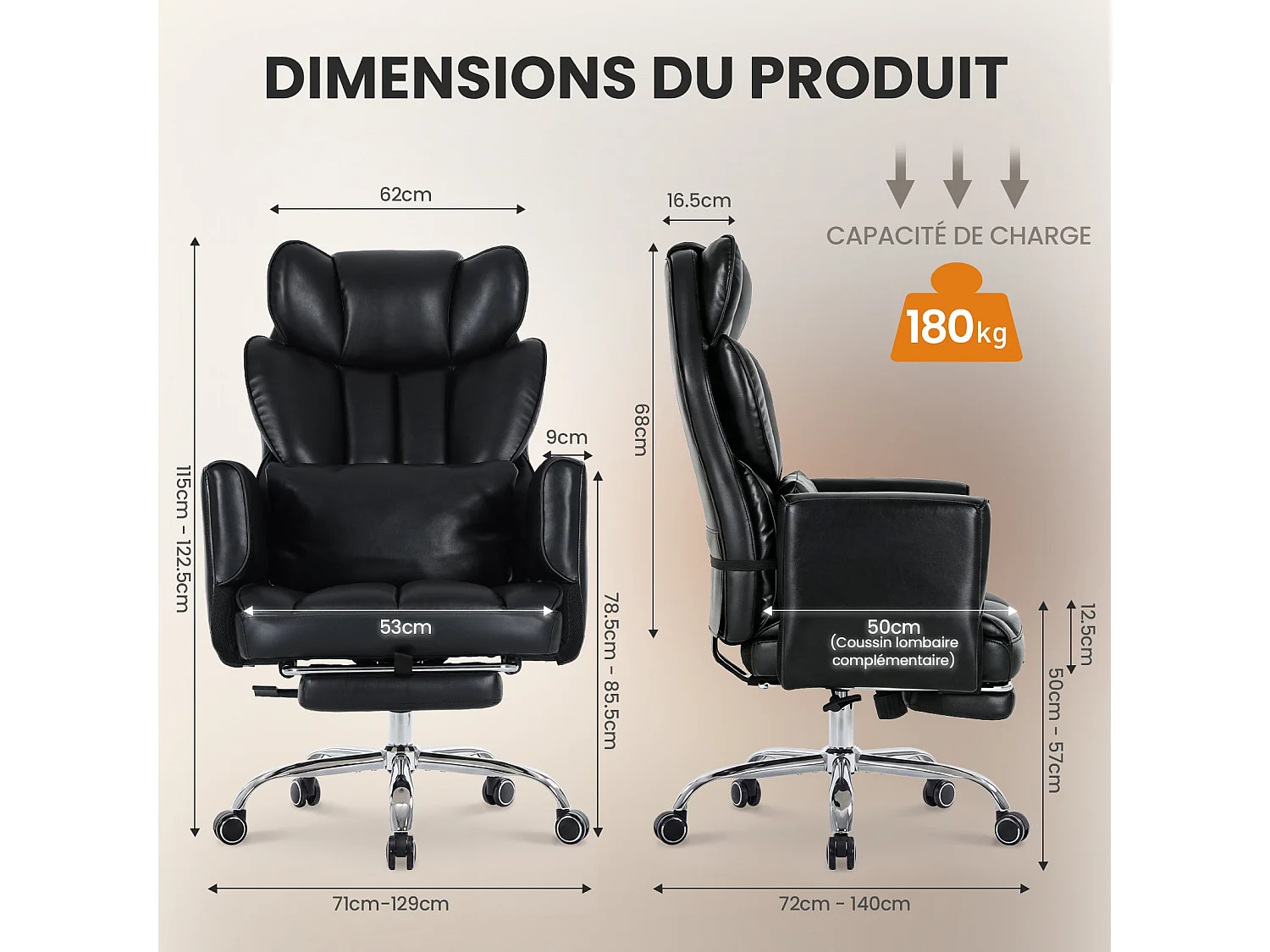 Chaise de Bureau Ergonomique 180 kg, Dossier Inclinable 127°, Repose-Pieds, Accoudoirs Réglables, Assise Rembourrée - Noir