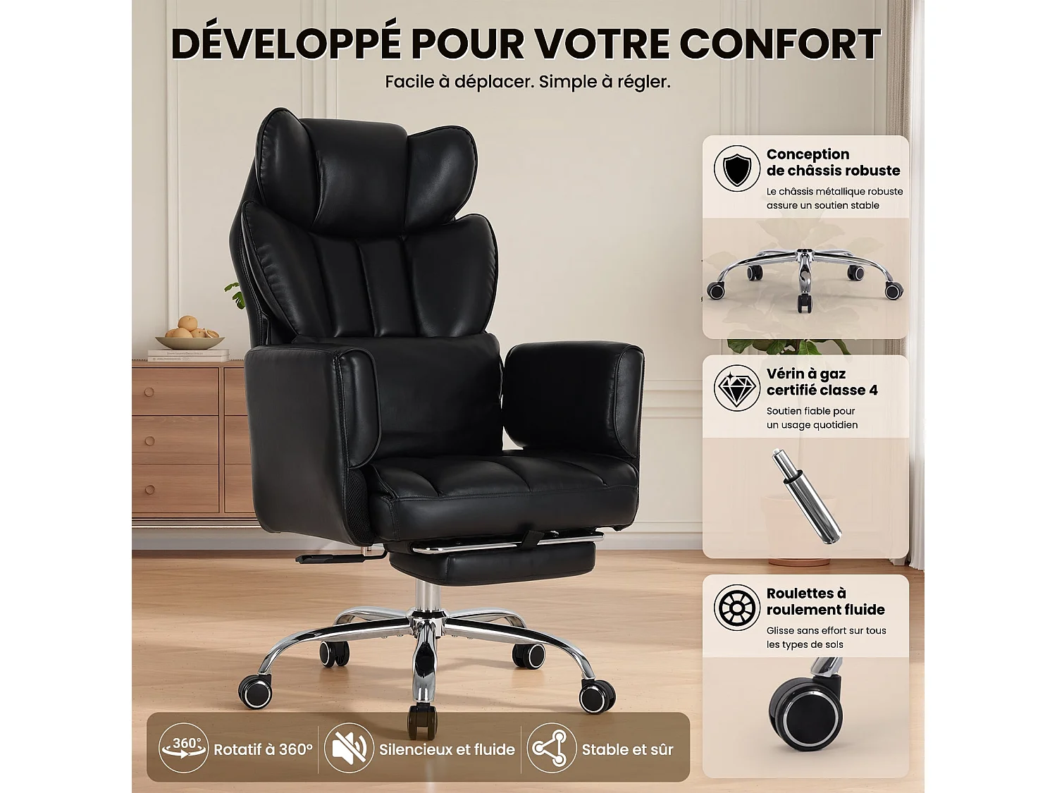 Chaise de Bureau Ergonomique 180 kg, Dossier Inclinable 127°, Repose-Pieds, Accoudoirs Réglables, Assise Rembourrée - Noir