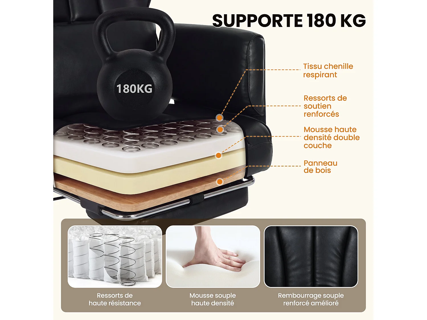 Chaise de Bureau Ergonomique 180 kg, Dossier Inclinable 127°, Repose-Pieds, Accoudoirs Réglables, Assise Rembourrée - Noir