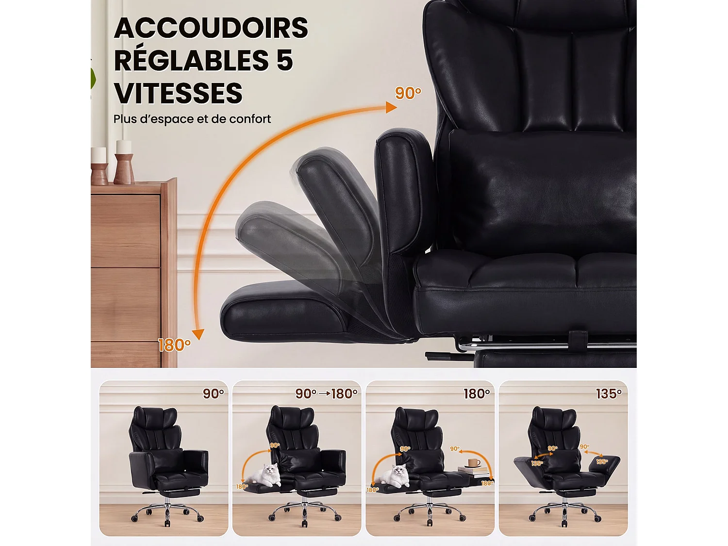 Chaise de Bureau Ergonomique 180 kg, Dossier Inclinable 127°, Repose-Pieds, Accoudoirs Réglables, Assise Rembourrée - Noir