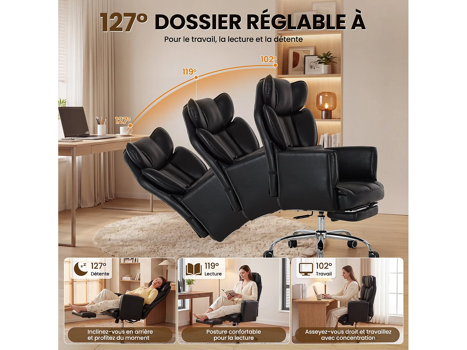 Chaise de Bureau Ergonomique 180 kg, Dossier Inclinable 127°, Repose-Pieds, Accoudoirs Réglables, Assise Rembourrée - Noir