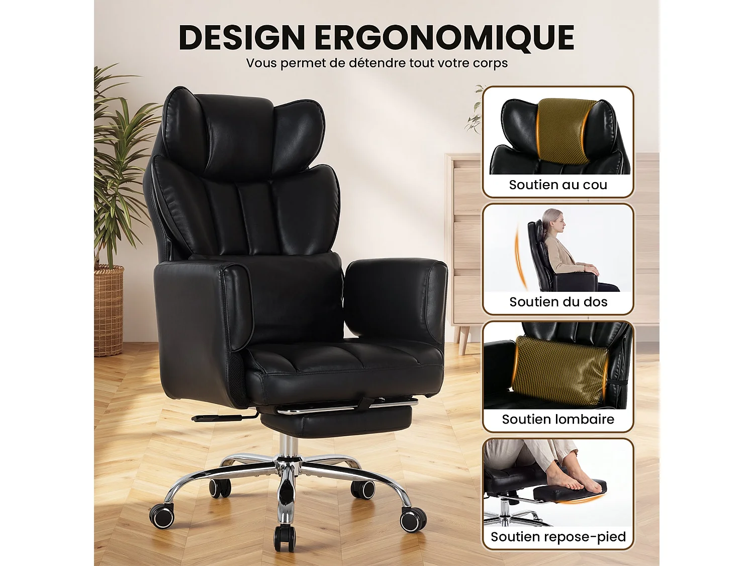 Chaise de Bureau Ergonomique 180 kg, Dossier Inclinable 127°, Repose-Pieds, Accoudoirs Réglables, Assise Rembourrée - Noir