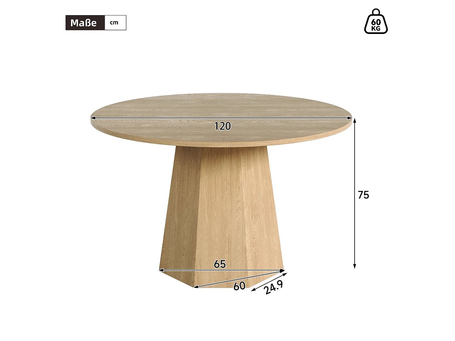Table à manger ronde, 120 x 120 cm, adaptée pour 4 à 6 personnes, design classique, style scandinave minimaliste, couleur chêne