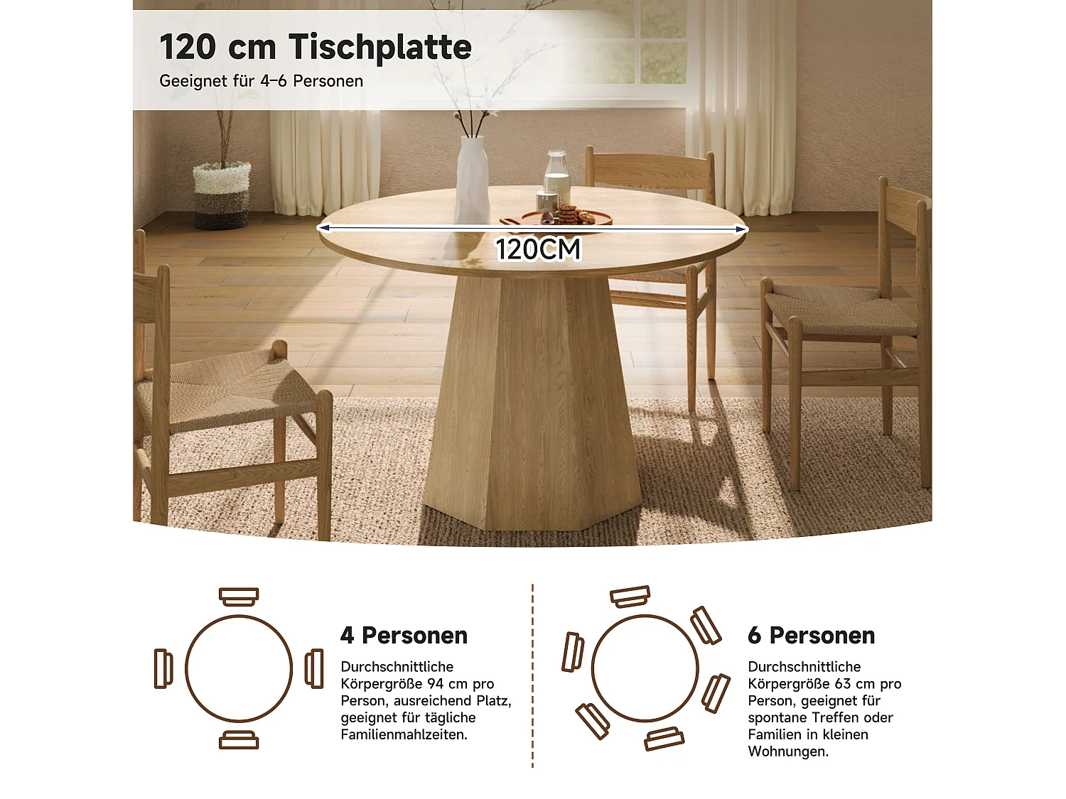 Table à manger ronde, 120 x 120 cm, adaptée pour 4 à 6 personnes, design classique, style scandinave minimaliste, couleur chêne