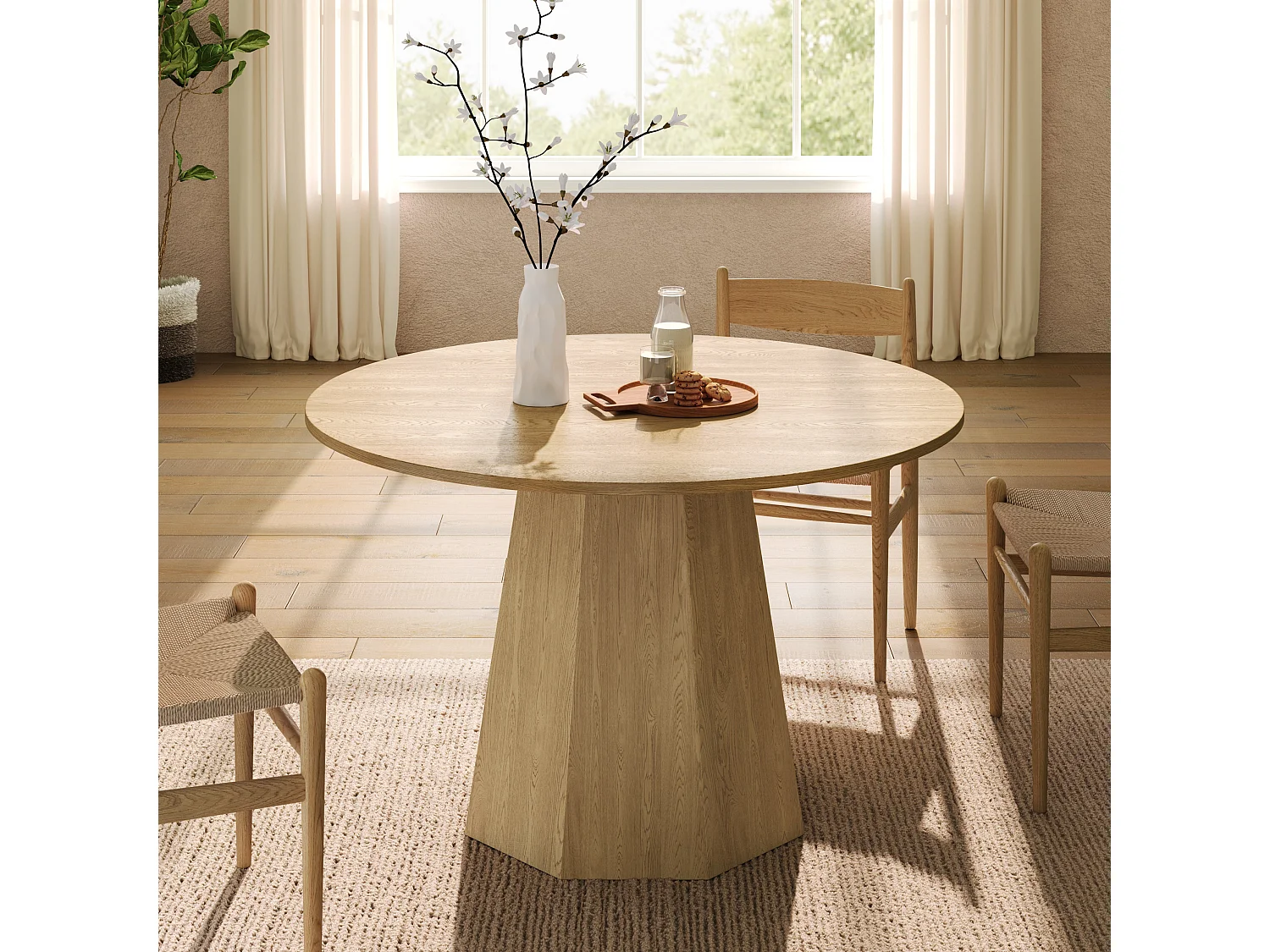 Table à manger ronde, 120 x 120 cm, adaptée pour 4 à 6 personnes, design classique, style scandinave minimaliste, couleur chêne