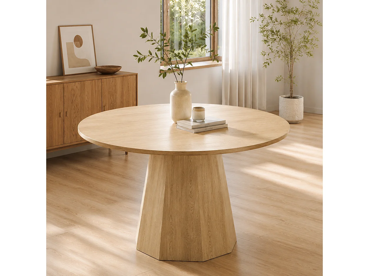 Table à manger ronde, 120 x 120 cm, adaptée pour 4 à 6 personnes, design classique, style scandinave minimaliste, couleur chêne