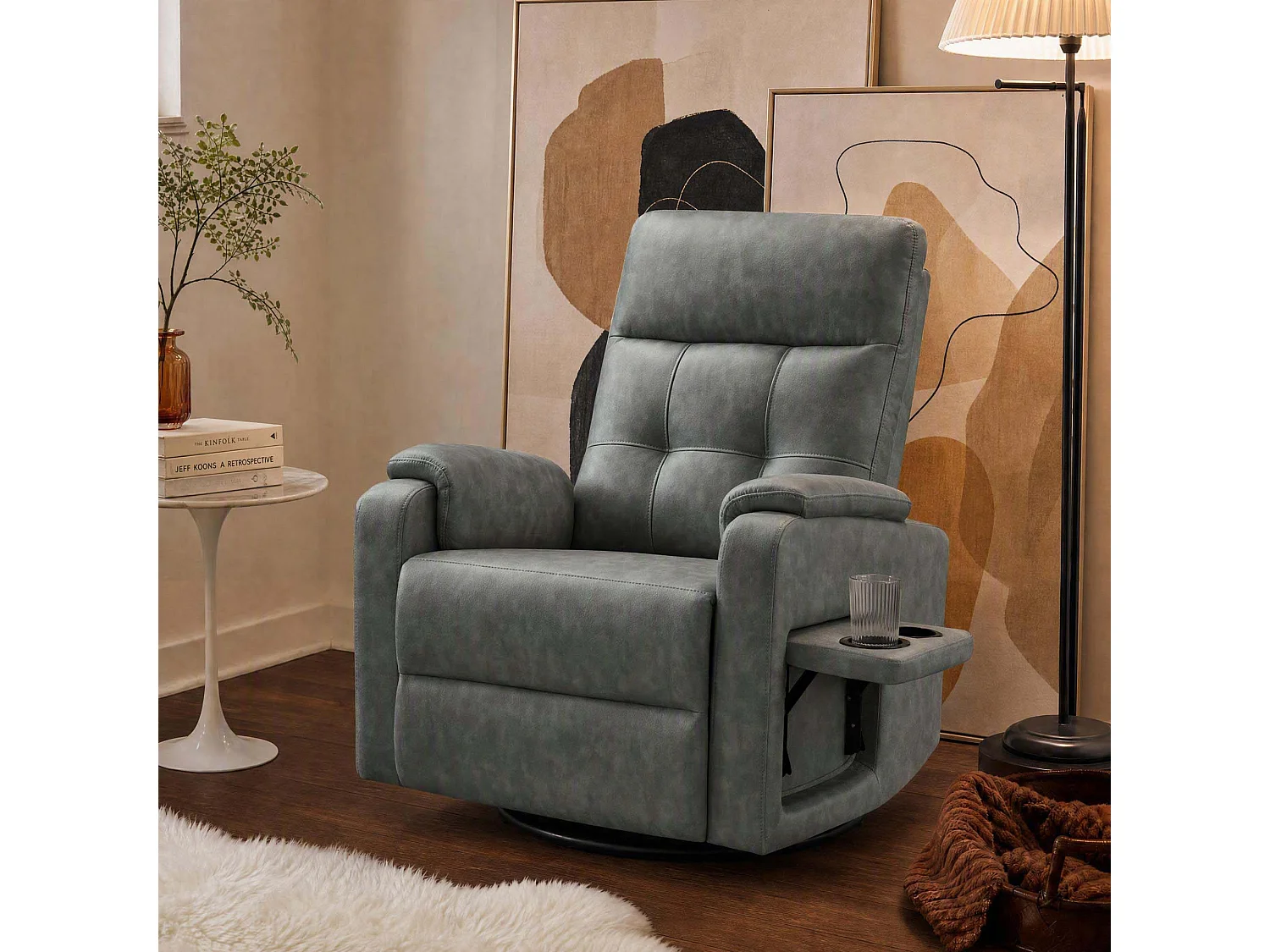 Fauteuil relax manuel en PU  pivotant à 360° , avec tablette rabattable, double porte-gobelets et sac de rangemen,gris