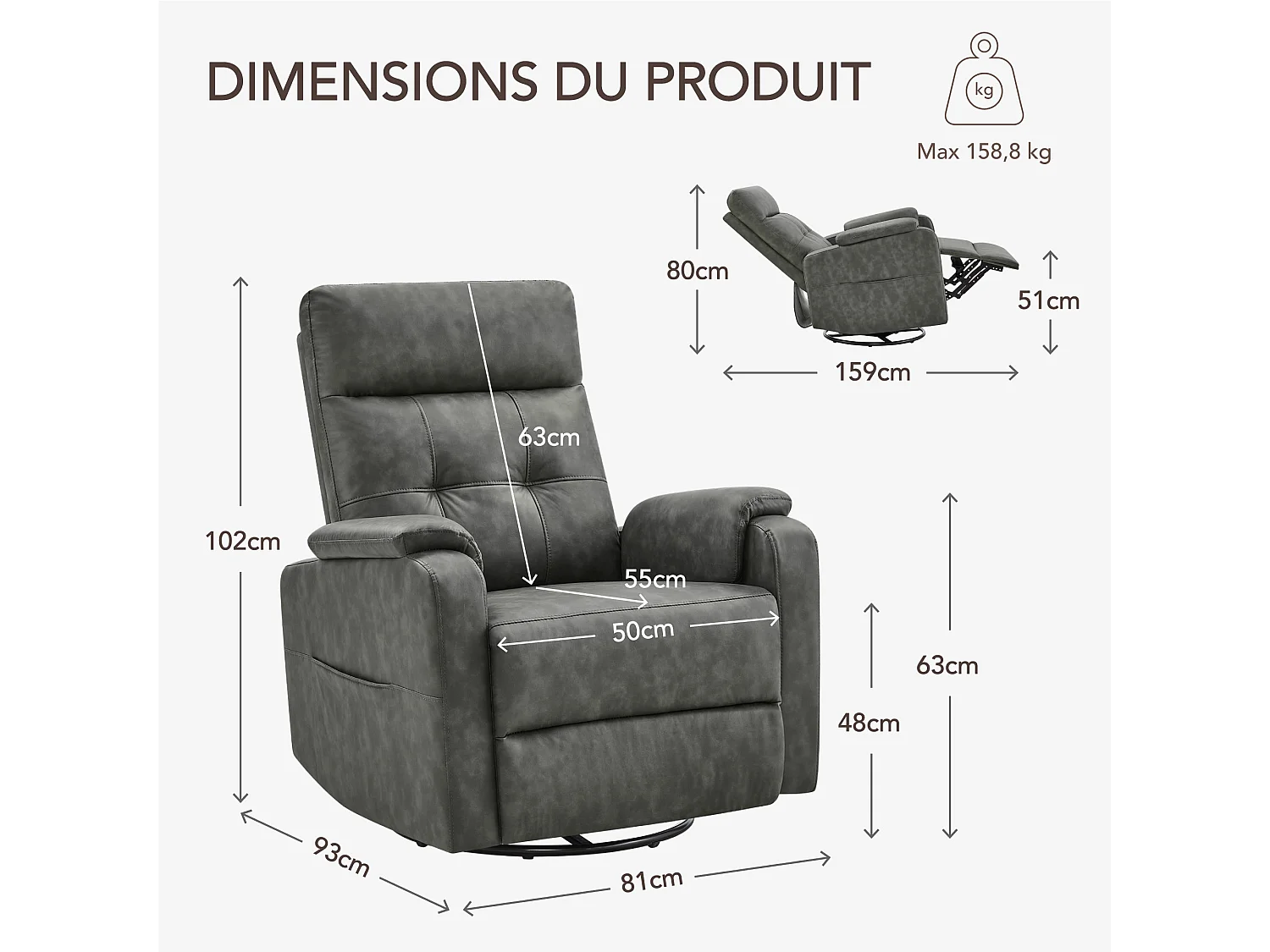Fauteuil relax manuel en PU  pivotant à 360° , avec tablette rabattable, double porte-gobelets et sac de rangemen,gris