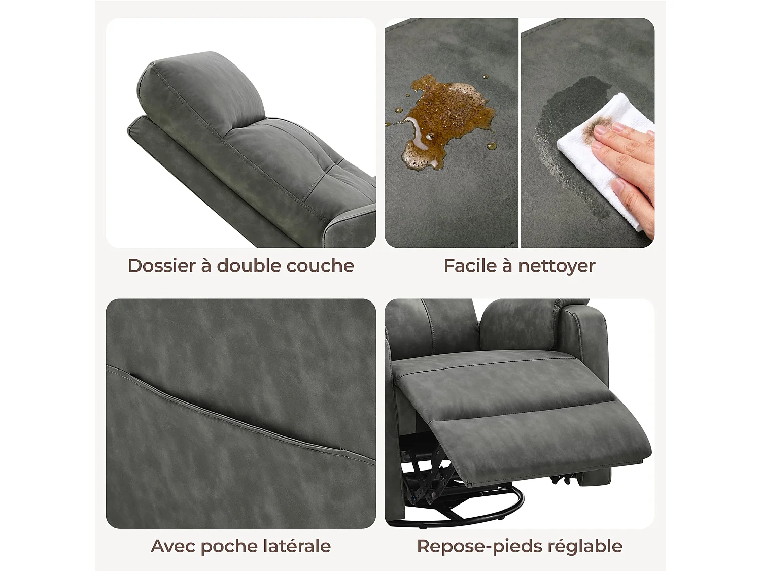 Fauteuil relax manuel en PU  pivotant à 360° , avec tablette rabattable, double porte-gobelets et sac de rangemen,gris