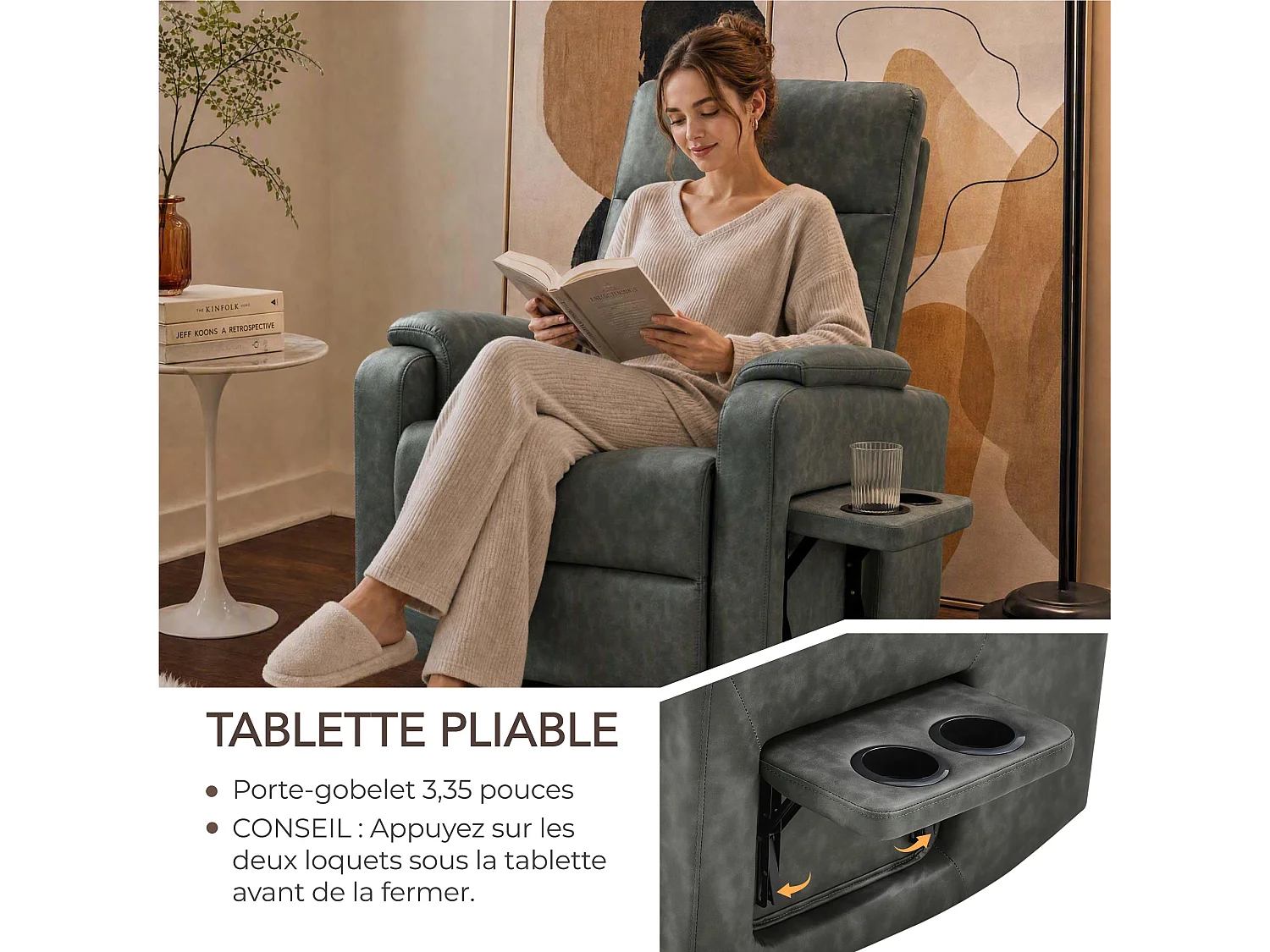 Fauteuil relax manuel en PU  pivotant à 360° , avec tablette rabattable, double porte-gobelets et sac de rangemen,gris