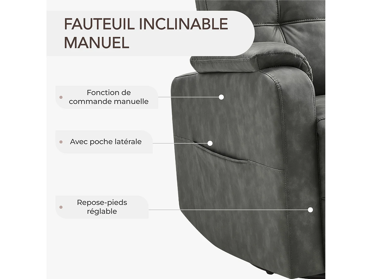Fauteuil relax manuel en PU  pivotant à 360° , avec tablette rabattable, double porte-gobelets et sac de rangemen,gris