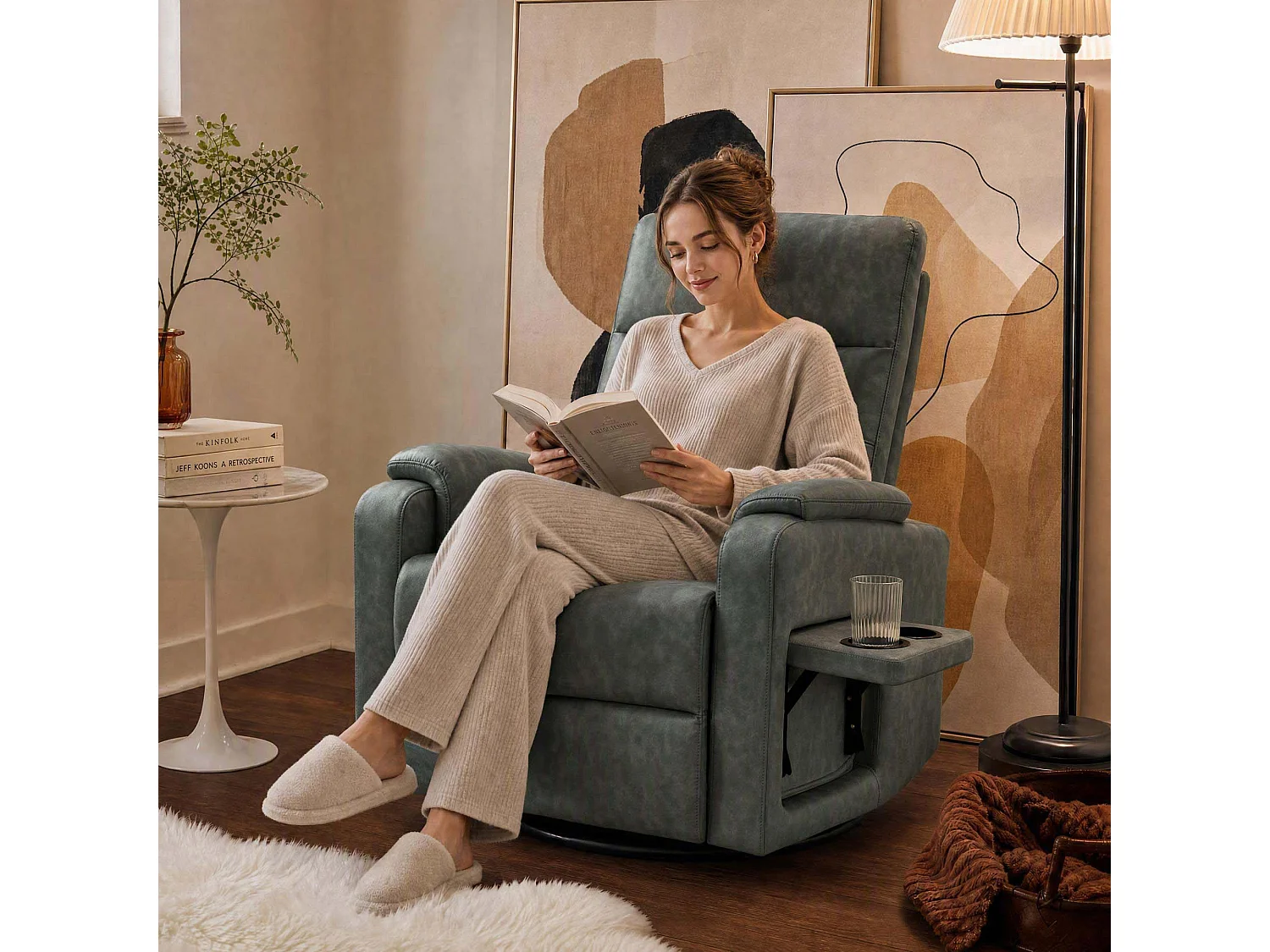 Fauteuil relax manuel en PU  pivotant à 360° , avec tablette rabattable, double porte-gobelets et sac de rangemen,gris