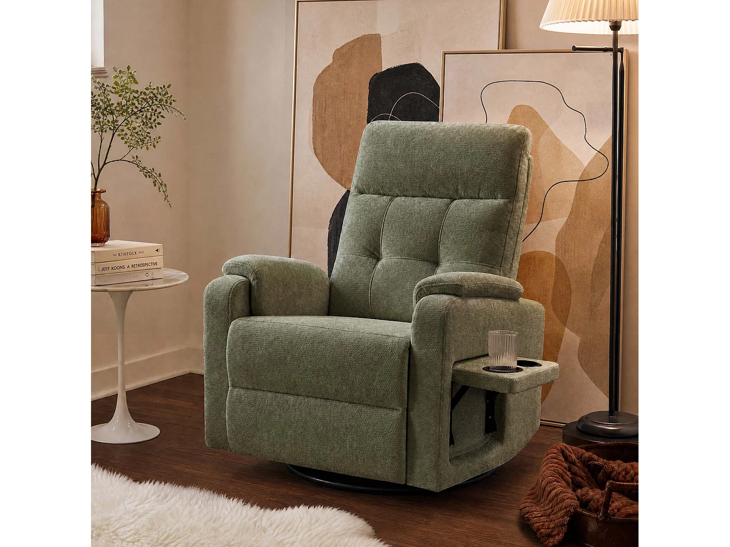 Fauteuil relax manuel en tissu  pivotant à 360° , avec tablette rabattable, double porte-gobelets et sac de rangemen,vert