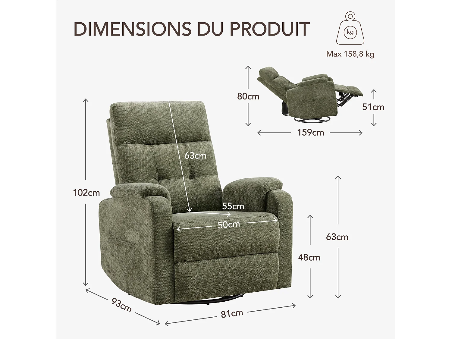 Fauteuil relax manuel en tissu  pivotant à 360° , avec tablette rabattable, double porte-gobelets et sac de rangemen,vert