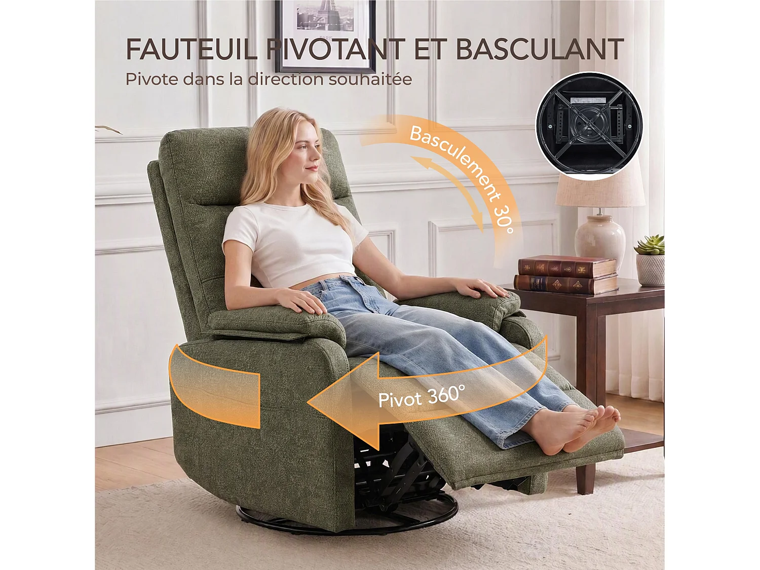 Fauteuil relax manuel en tissu  pivotant à 360° , avec tablette rabattable, double porte-gobelets et sac de rangemen,vert
