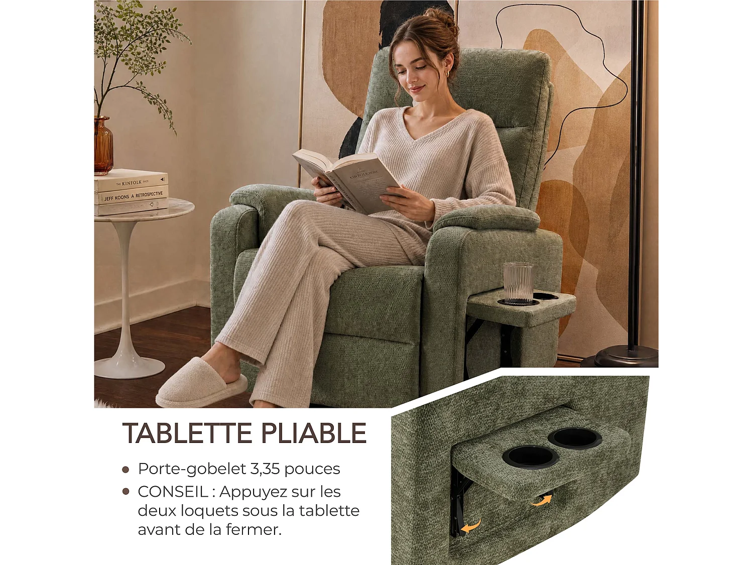 Fauteuil relax manuel en tissu  pivotant à 360° , avec tablette rabattable, double porte-gobelets et sac de rangemen,vert