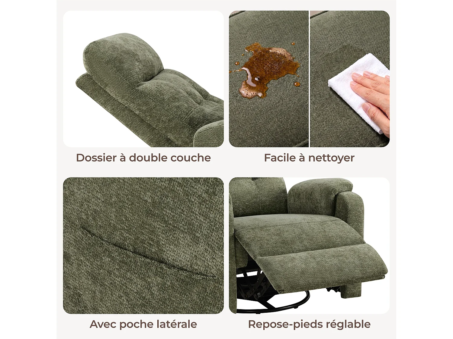 Fauteuil relax manuel en tissu  pivotant à 360° , avec tablette rabattable, double porte-gobelets et sac de rangemen,vert
