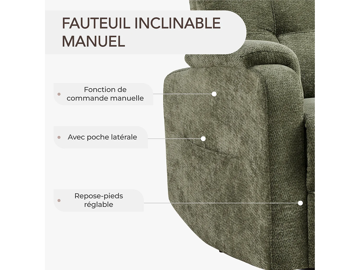 Fauteuil relax manuel en tissu  pivotant à 360° , avec tablette rabattable, double porte-gobelets et sac de rangemen,vert