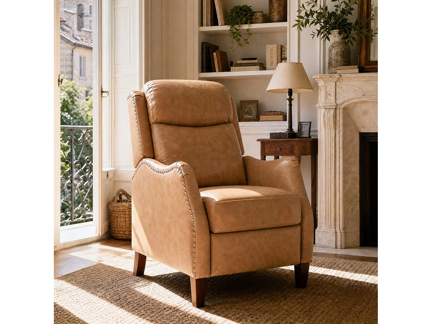 Fauteuil relax manuel en PU,3 positions,  structure en bois massif – Salon, bureau, chambre,marron