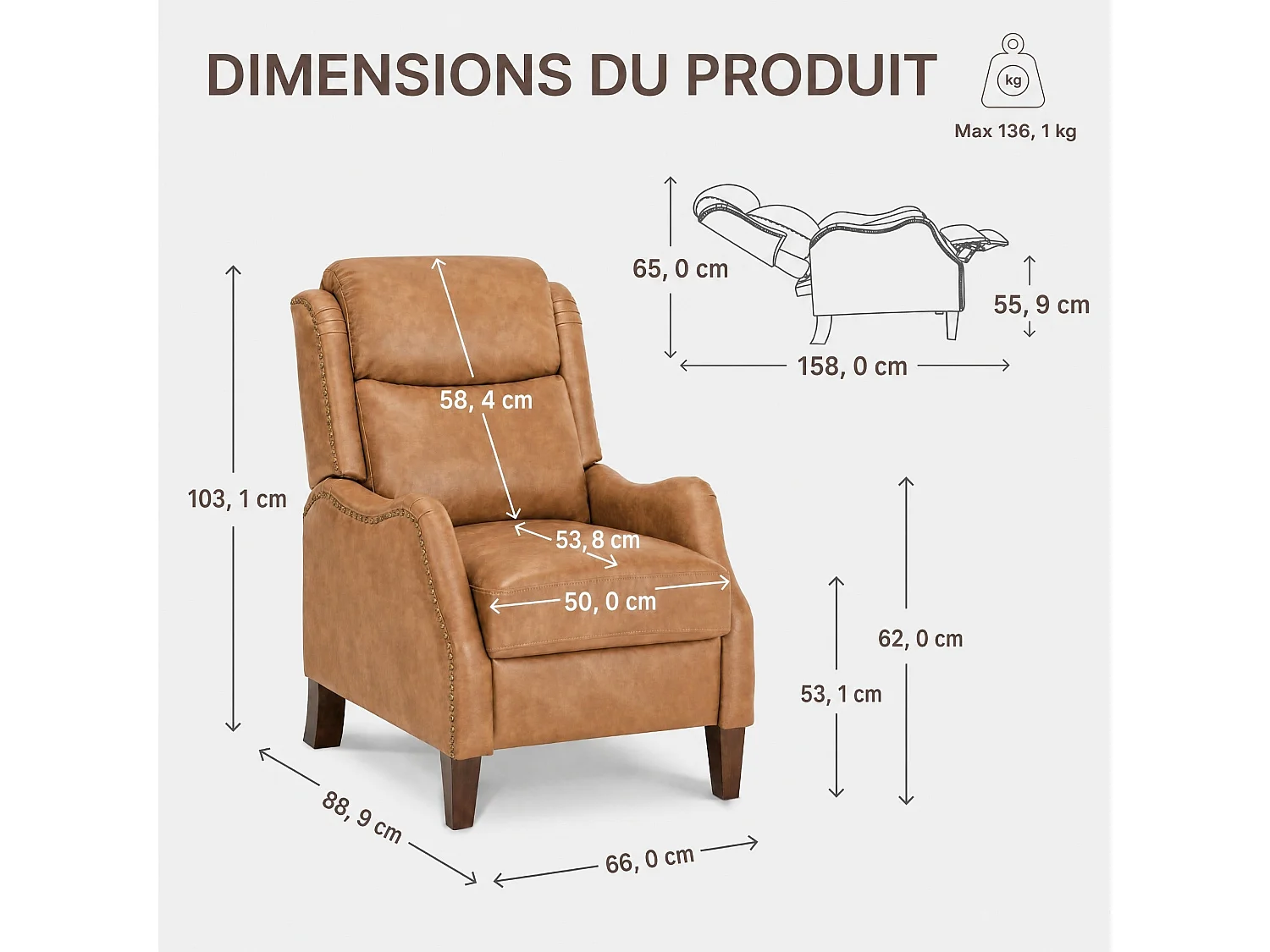 Fauteuil relax manuel en PU,3 positions,  structure en bois massif – Salon, bureau, chambre,marron