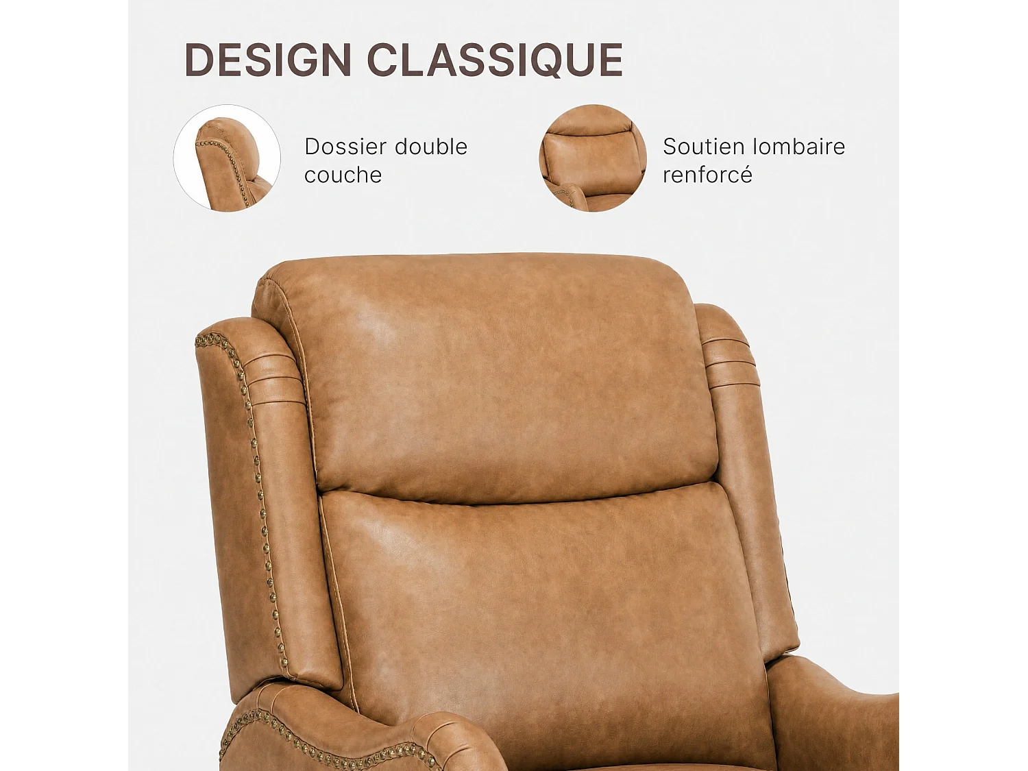 Fauteuil relax manuel en PU,3 positions,  structure en bois massif – Salon, bureau, chambre,marron