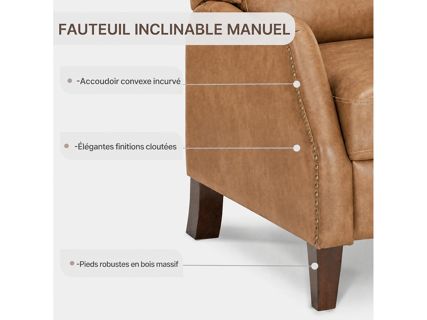 Fauteuil relax manuel en PU,3 positions,  structure en bois massif – Salon, bureau, chambre,marron