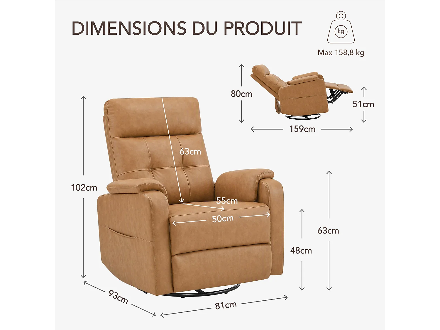Fauteuil relax manuel en PU  pivotant à 360° , avec tablette rabattable, double porte-gobelets et sac de rangemen,marron