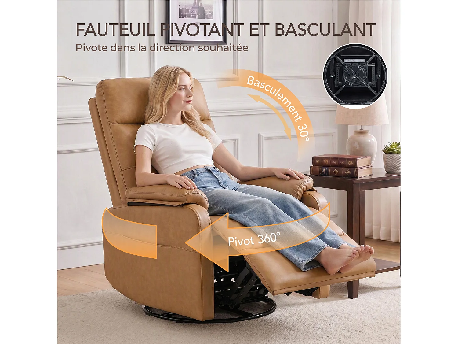 Fauteuil relax manuel en PU  pivotant à 360° , avec tablette rabattable, double porte-gobelets et sac de rangemen,marron