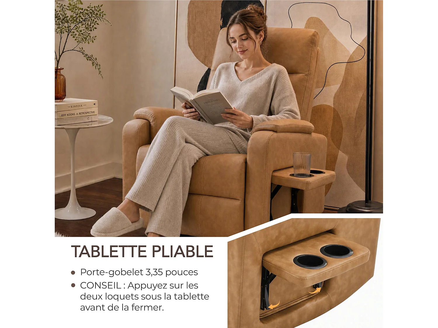 Fauteuil relax manuel en PU  pivotant à 360° , avec tablette rabattable, double porte-gobelets et sac de rangemen,marron